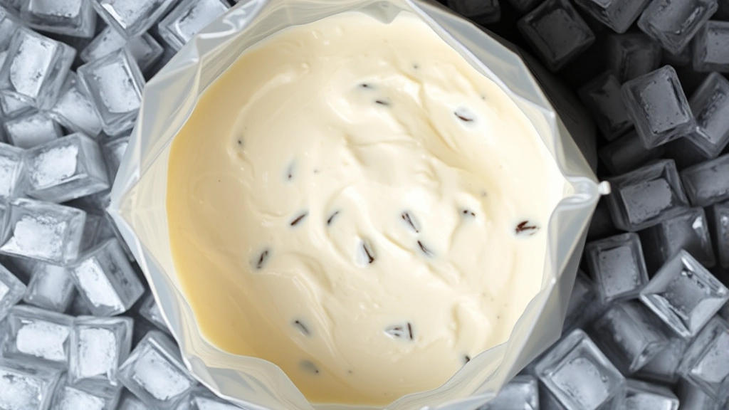 Top-down view of an open quart-sized bag containing thick, creamy vanilla ice cream mixture with vanilla bean specks visible, surrounded by scattered ice cubes
