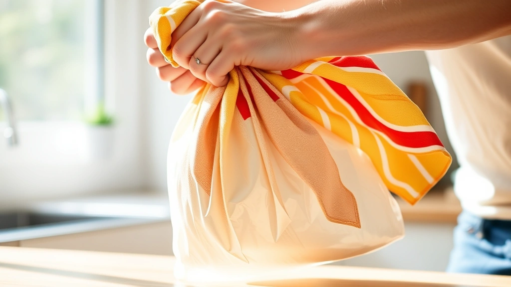 Action shot of someone vigorously shaking a large gallon-sized bag wrapped in a colorful kitchen towel, motion blur showing the dynamic movement, bright natural light