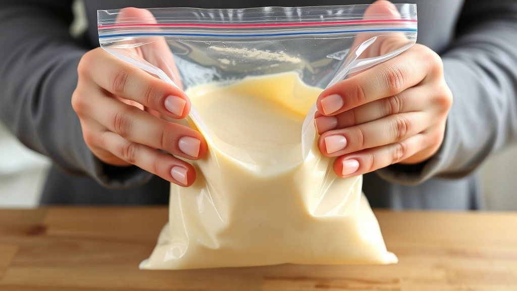 Close-up of hands sealing a quart-sized ziplock bag filled with creamy vanilla ice cream mixture, clear and smooth