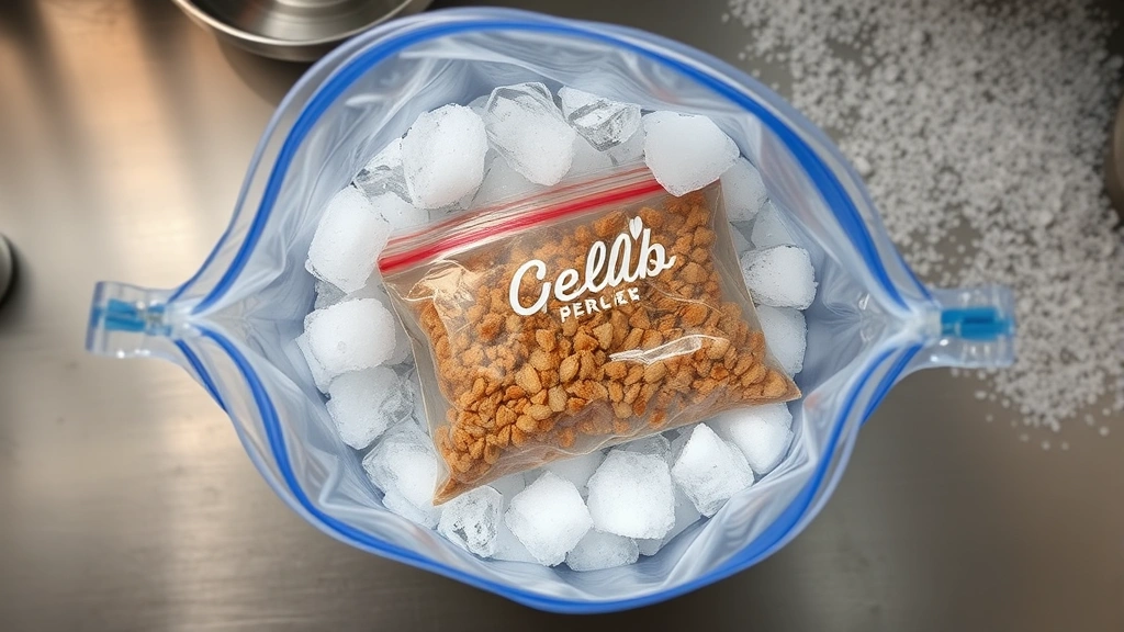Overhead view of a gallon-sized ziplock bag filled with crushed ice and rock salt surrounding an inner sealed bag, professional kitchen setting