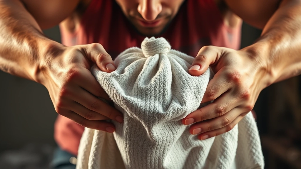 Action shot of someone vigorously shaking a bag wrapped in a towel, hands gripping sides firmly, concentrated expression, warm lighting