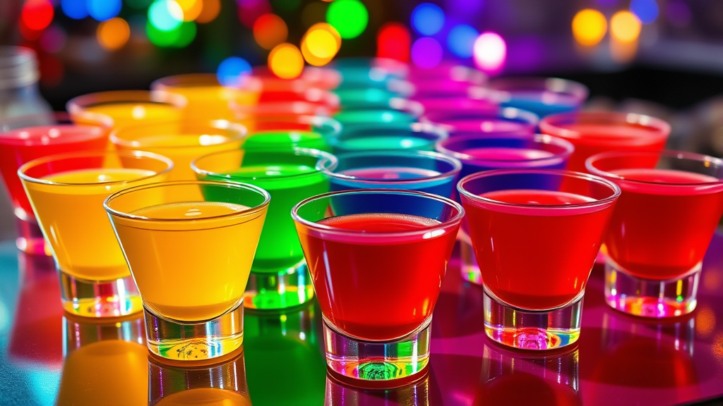 Colorful jello shots in clear cups arranged on party table with festive lighting, no text, no words, no letters