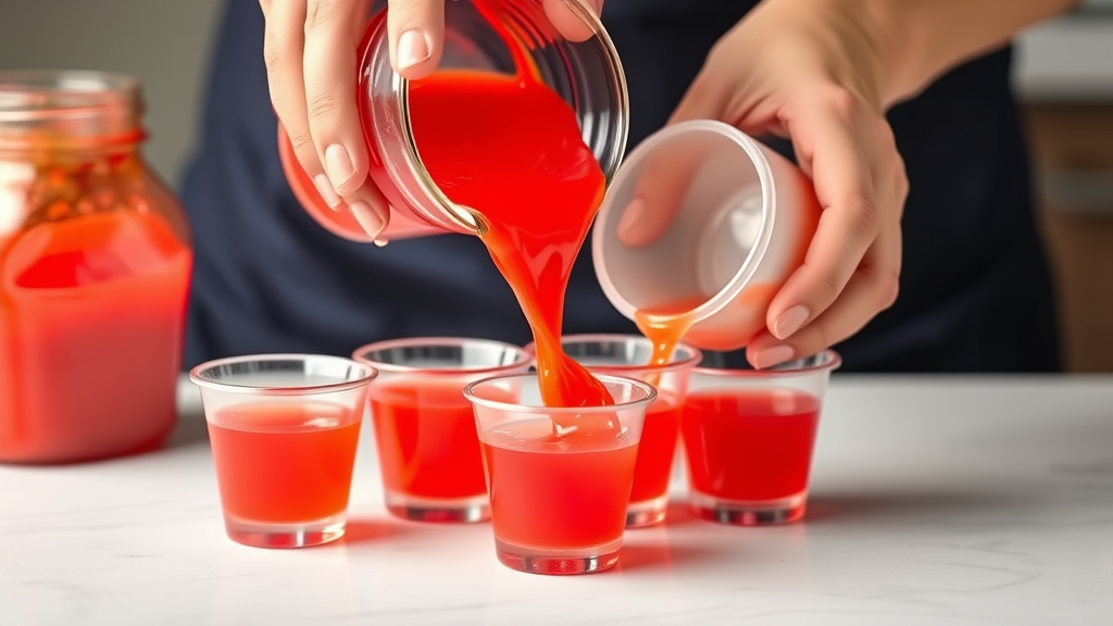 Hands pouring bright liquid mixture into small plastic cups for jello shots preparation, no text, no words, no letters