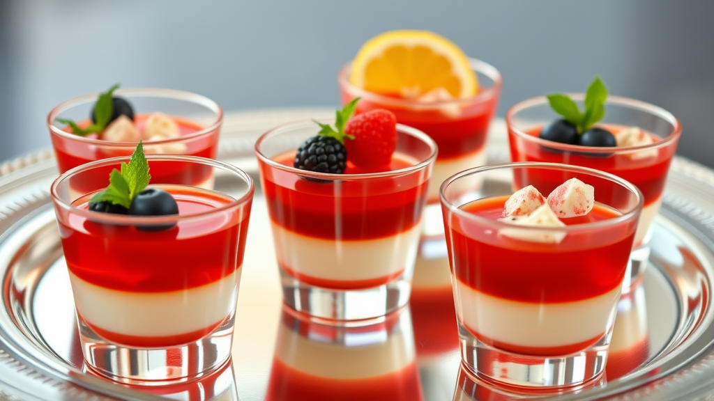 Elegant layered jello shots with garnishes on silver tray ready for serving, no text, no words, no letters