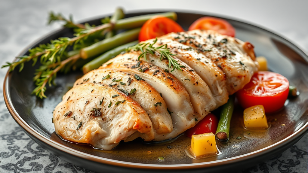 Perfectly cooked lean chicken breast with herbs and vegetables on elegant plate, professional food photography, no text no words no letters