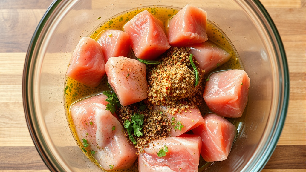 Raw lean proteins being marinated in glass bowl with herbs and spices, kitchen preparation scene, no text no words no letters