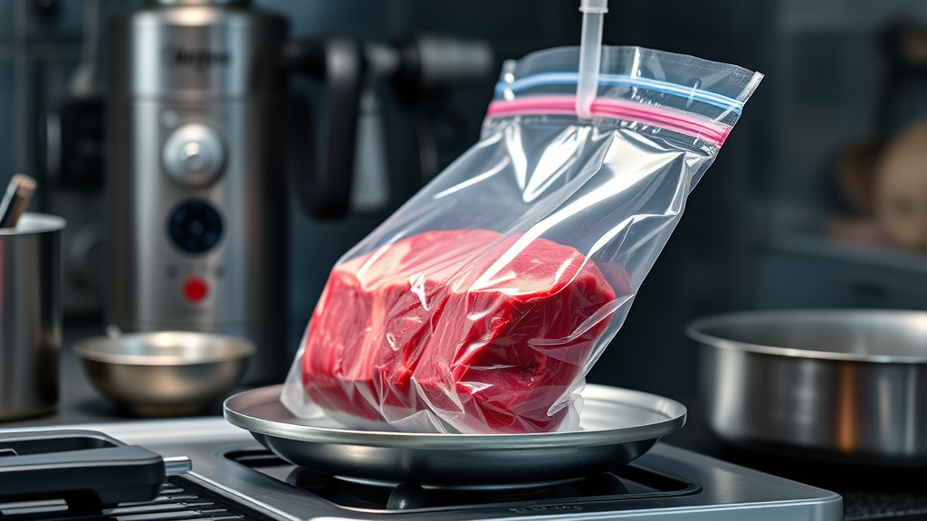 Sous vide cooking setup with lean beef in vacuum sealed bag, modern kitchen equipment, no text no words no letters