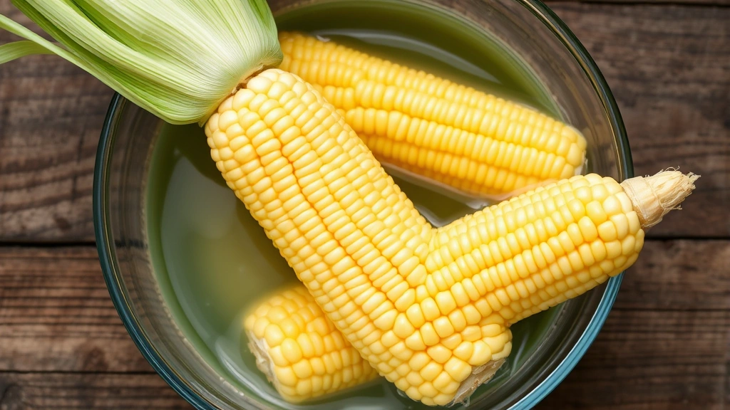 Fresh corn on the cob with husks pulled back, soaking in a clear water bowl on a wooden surface, vibrant green husks visible