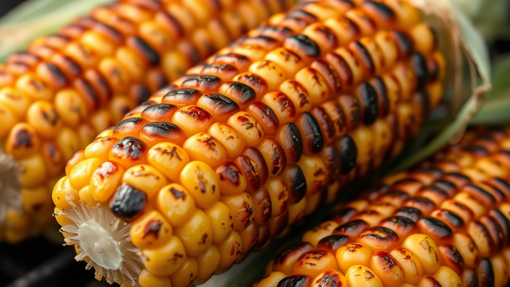 Grilled corn on the cob with charred kernels showing golden-brown char marks, husks partially pulled back, warm lighting