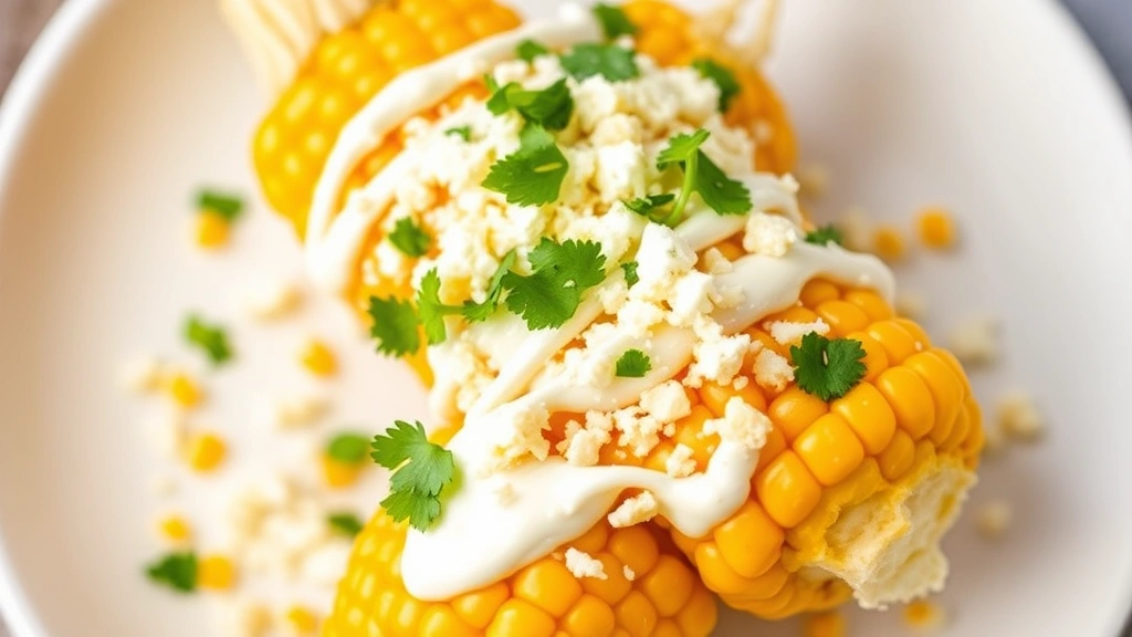 Finished Mexican street corn on a white plate topped with creamy white mayo sauce, crumbled white cheese, and fresh green cilantro garnish