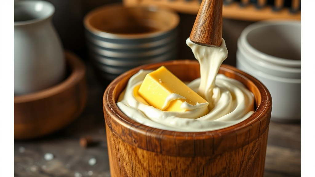 Fresh cream being churned in vintage wooden churn with golden butter forming, rustic kitchen setting, warm lighting, no text no words no letters