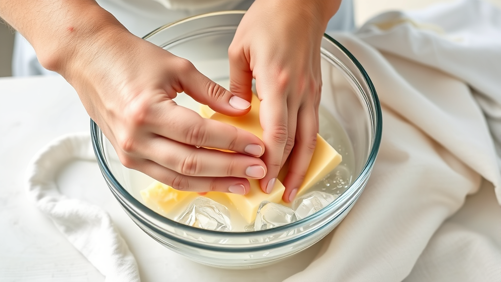 Hands kneading pale yellow butter in clear glass bowl with ice water, clean white kitchen towel nearby, natural lighting, no text no words no letters