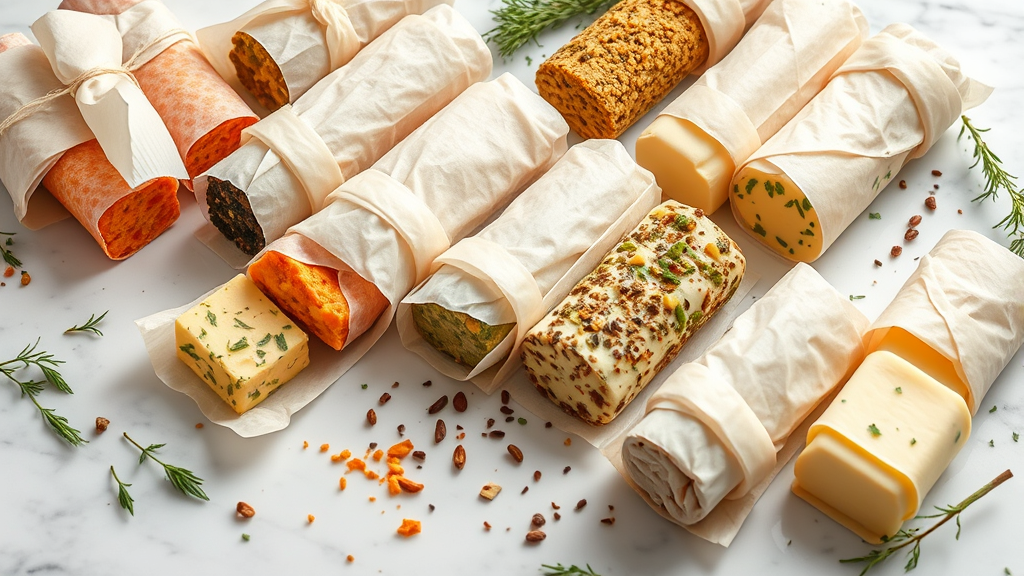 Array of flavored butter logs wrapped in parchment paper, herbs scattered around, marble countertop, soft natural light, no text no words no letters