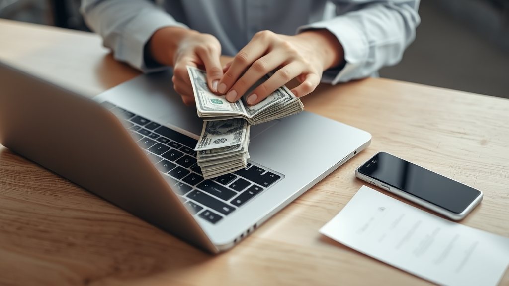 Person counting cash money bills with laptop and smartphone on desk, no text no words no letters