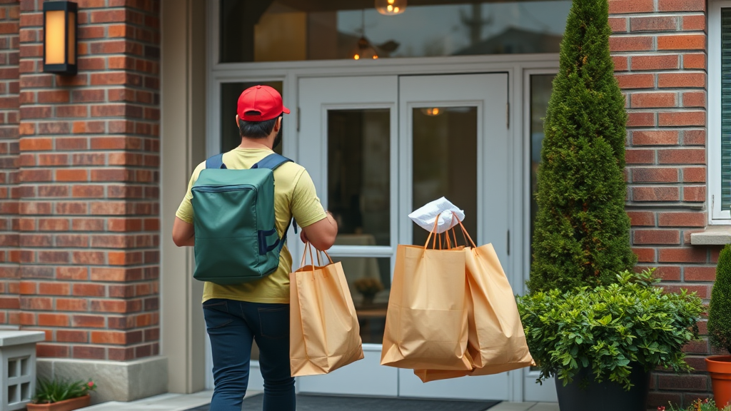 Delivery driver with food bags walking to apartment building entrance, no text no words no letters