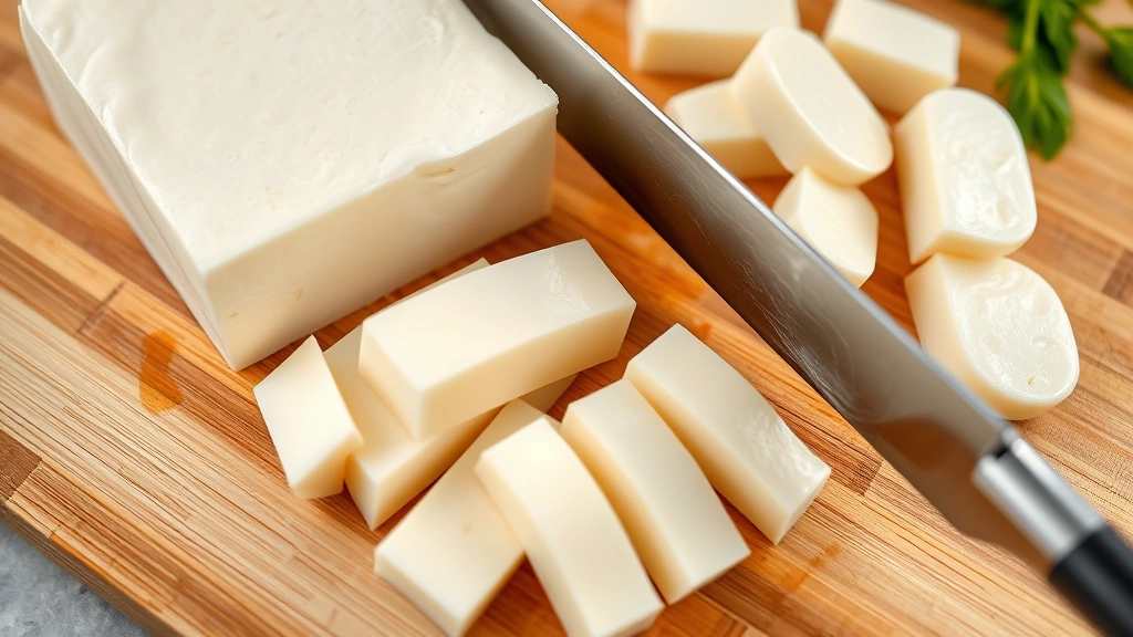 Fresh mozzarella cheese block being sliced into uniform sticks on a wooden cutting board with a sharp knife, close-up shot showing clean cuts