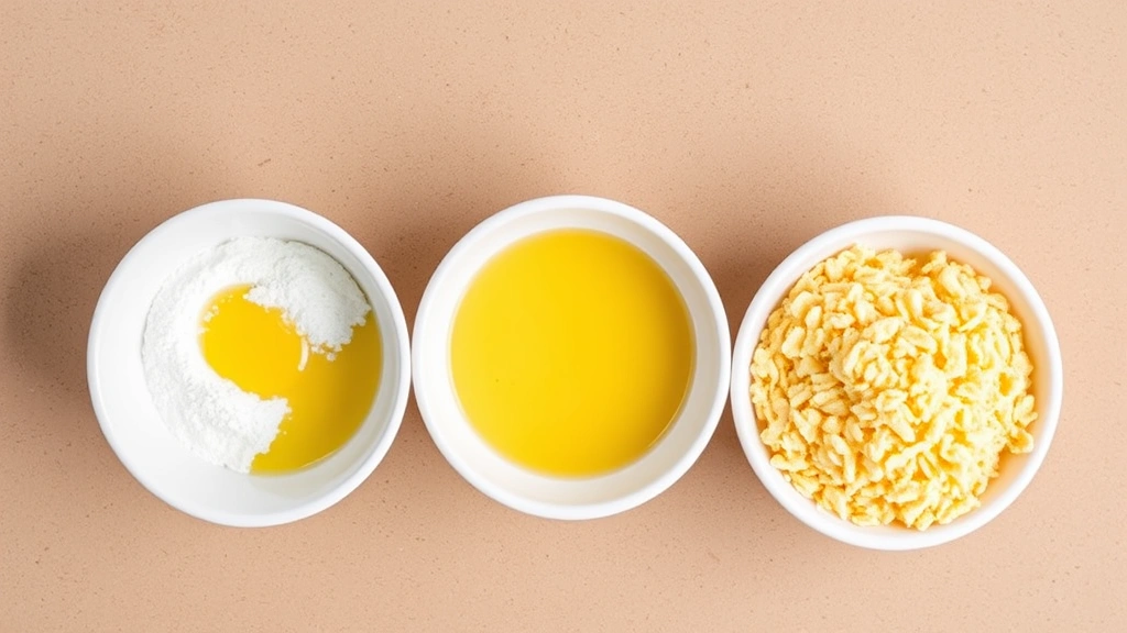 Three white ceramic bowls arranged in a row containing flour mixture, beaten egg wash, and golden panko bread crumbs for breading station setup