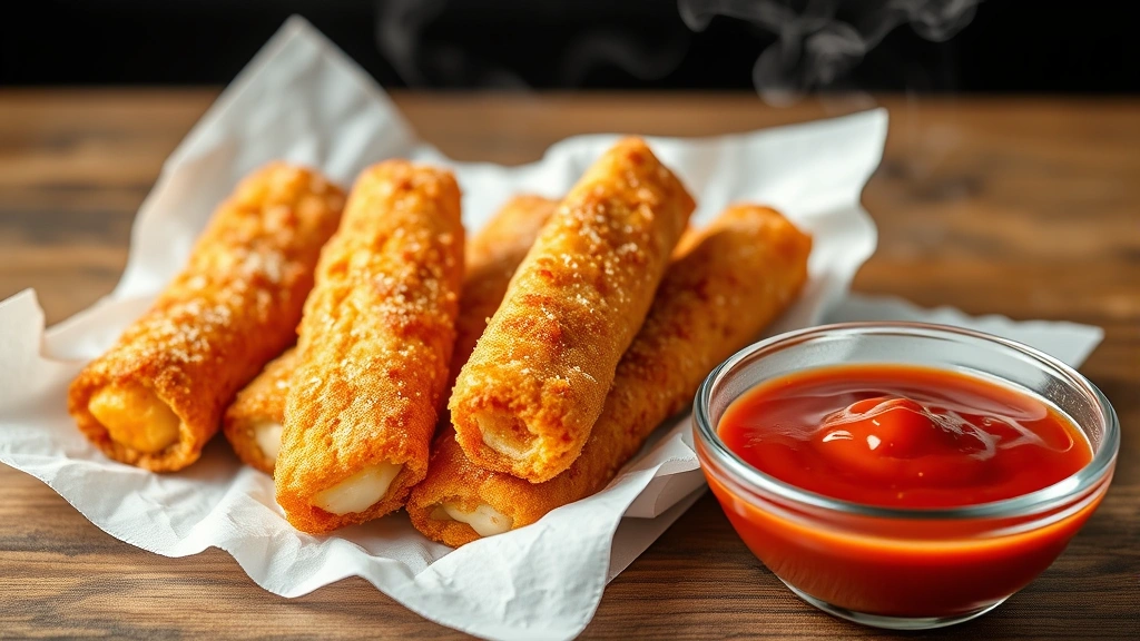 Golden-brown crispy mozzarella sticks draining on white paper towels next to a bowl of red marinara sauce for dipping, steam rising slightly