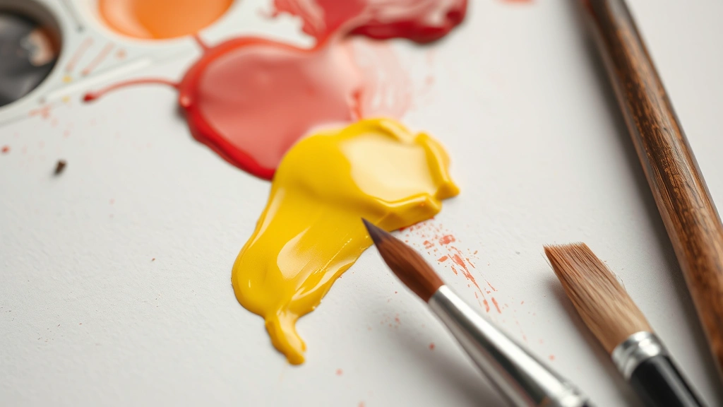 Close-up of paint mixing with red and yellow pigments blending together on a white palette with professional brushes nearby