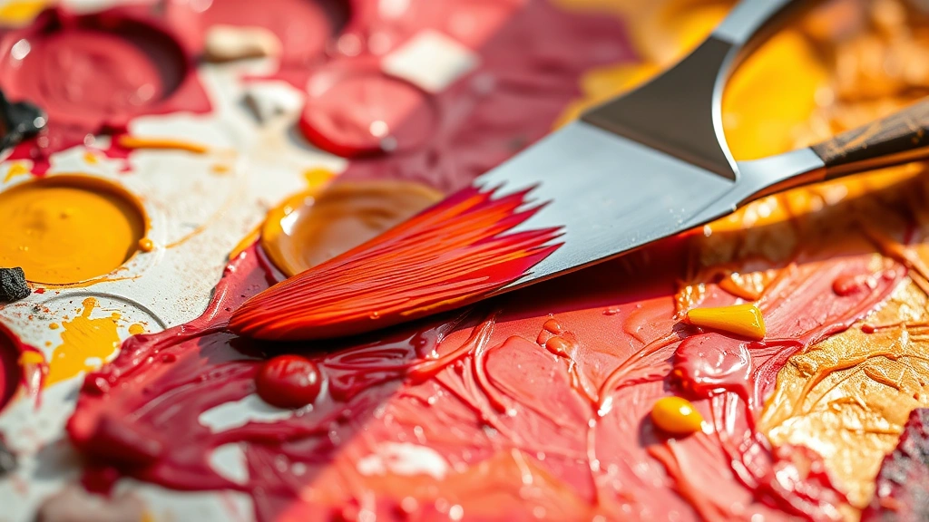 Close-up of artist's palette with vibrant red and yellow paint being blended together with a palette knife, showing the mixing process in warm natural light