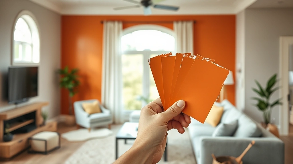 DIY painter holding a color swatch of burnt orange against a living room accent wall with natural window lighting