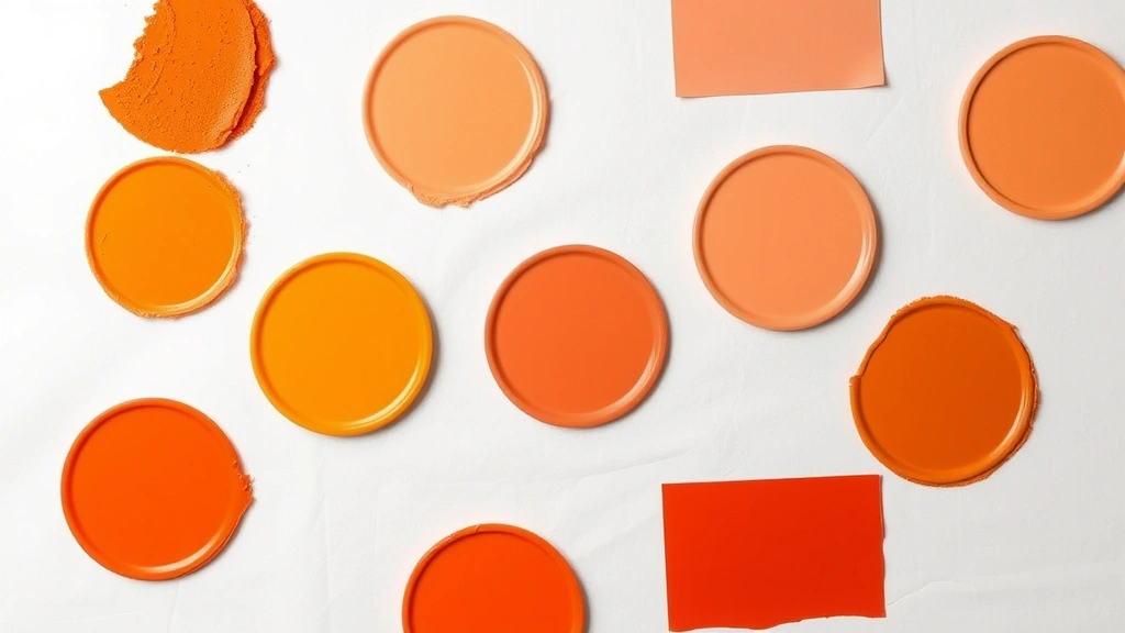 Overhead view of multiple orange paint swatches in different shades arranged on white poster board, displaying variations from burnt orange to coral and peach