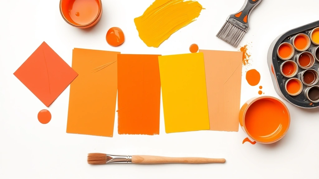 Flat lay arrangement of multiple orange paint samples ranging from coral to tangerine to burnt orange on white surface with mixing tools