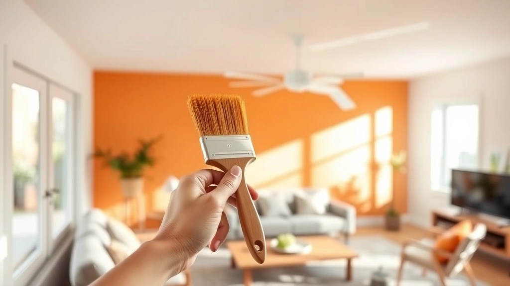 Hands holding a paintbrush applying custom-mixed orange paint to an accent wall in a modern living room with natural sunlight streaming through windows