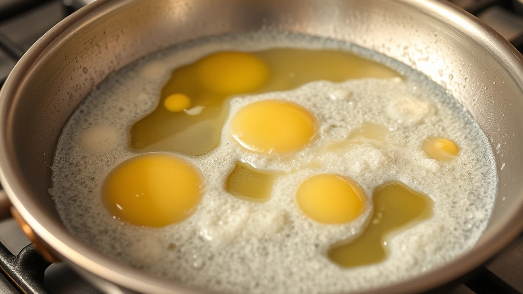 Close-up of butter foaming and sizzling in a hot stainless steel skillet on a stovetop, golden bubbles visible, ready for eggs