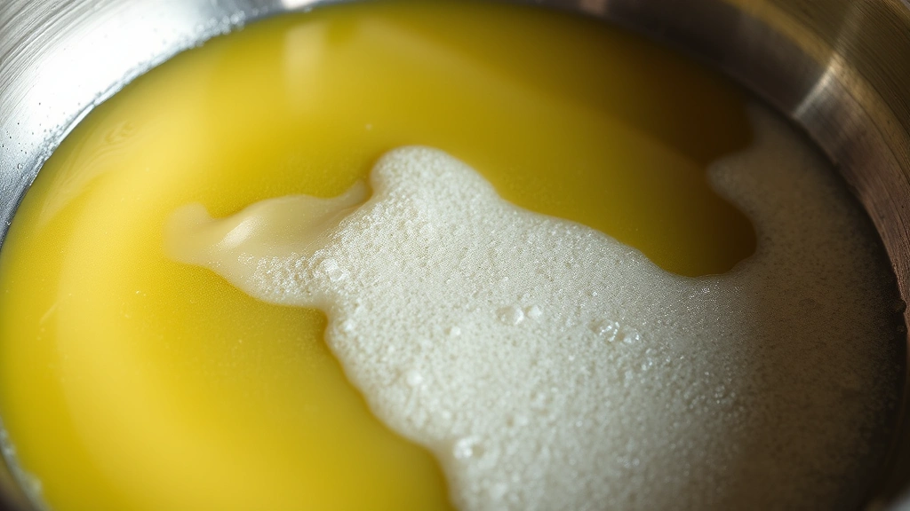Close-up of butter melting and foaming in a stainless steel non-stick skillet with golden liquid coating the bottom surface, steam rising gently, professional kitchen lighting