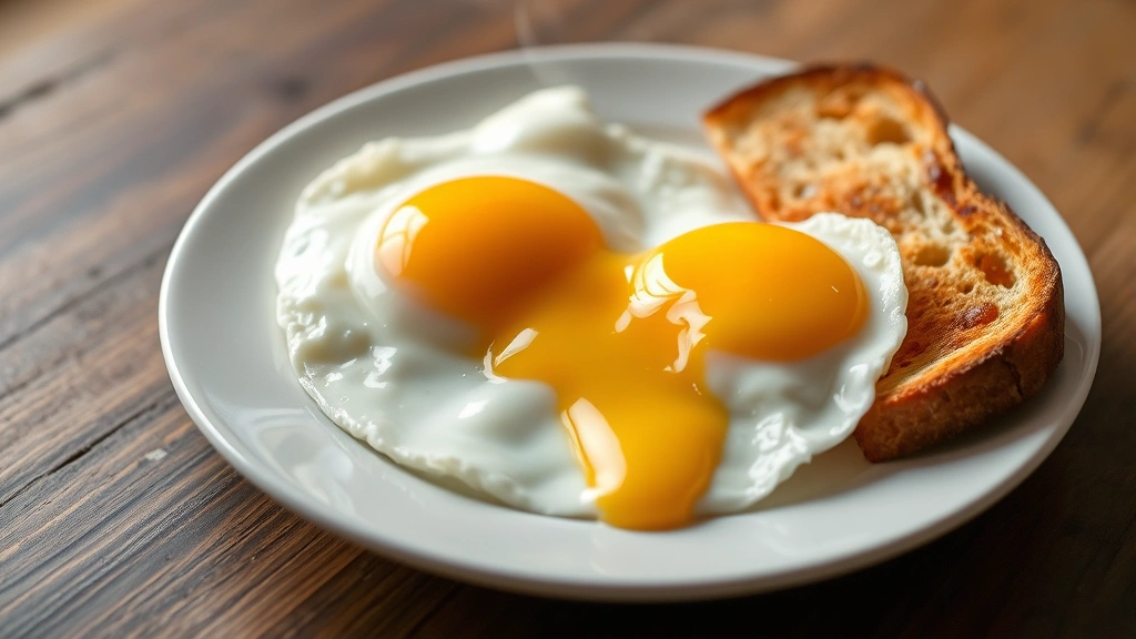 Two fresh eggs with runny golden yolks and set whites on a white ceramic plate with crispy toast on the side, steam rising slightly