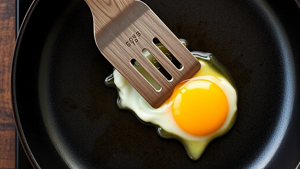 Overhead view of a spatula confidently flipping an egg in a non-stick pan, showing the golden-brown underside and intact yolk mid-flip