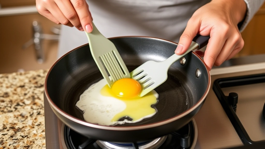 Hands using a silicone spatula to confidently flip an egg in a pan, egg mid-flip with yolk visible, kitchen counter background with warm neutral tones