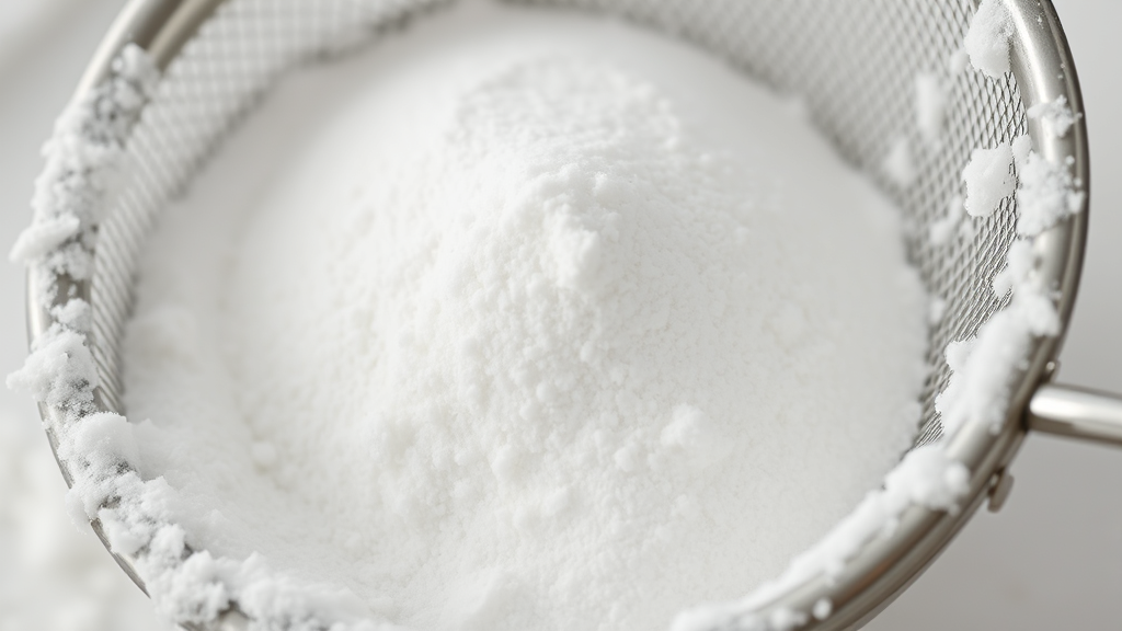Close-up of smooth fine white powdered sugar being sifted through mesh strainer, no text no words no letters