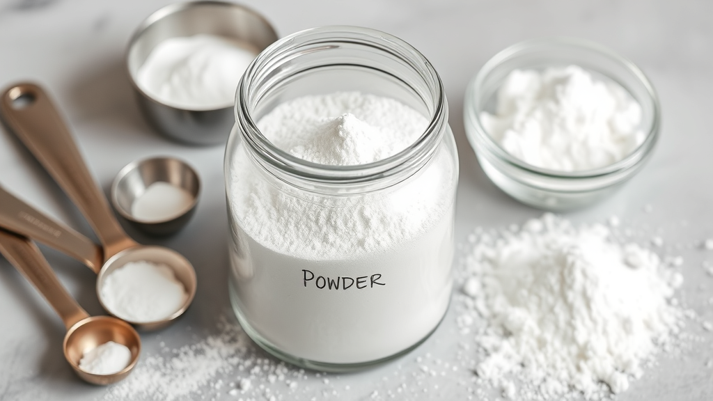 Homemade powdered sugar in glass storage jar next to measuring spoons and cornstarch, no text no words no letters