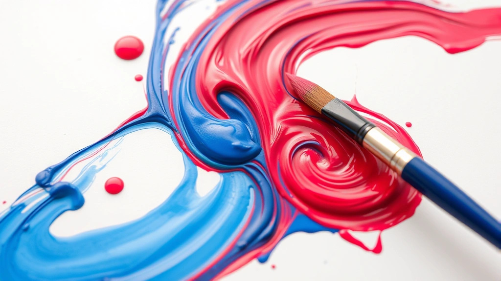 Close-up of vibrant red and blue paint swirling together on a white artist palette with a paintbrush