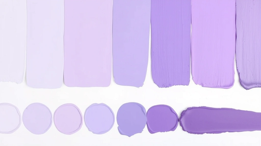 Array of purple paint samples ranging from pale lavender to deep plum displayed on a white surface