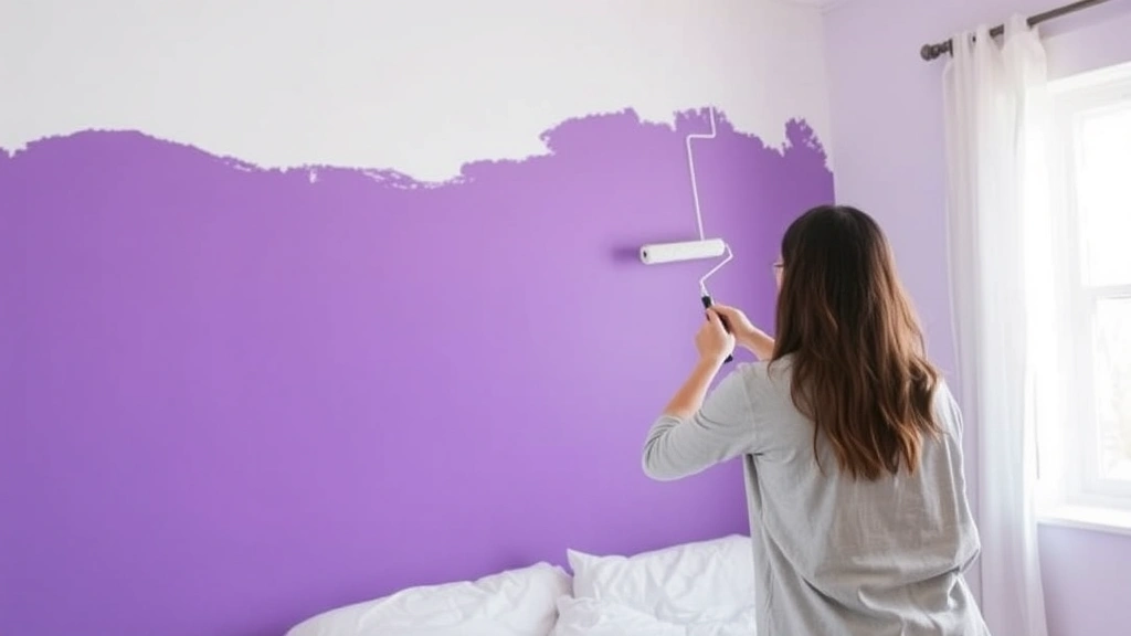 Person applying purple paint to a bedroom wall with a roller, showing the transformation of the space