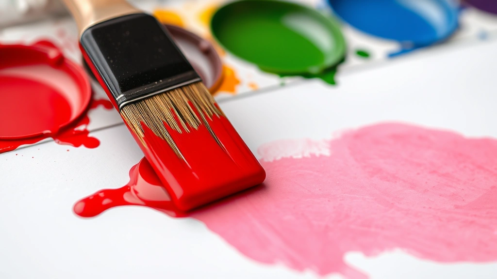 Close-up of paint palette with vibrant red paint and mixing brush, showing color blending techniques on white surface