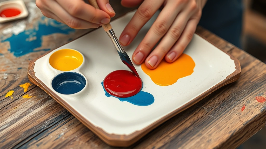Artist's hand mixing red paint with yellow and blue pigments on ceramic palette, demonstrating color theory adjustment