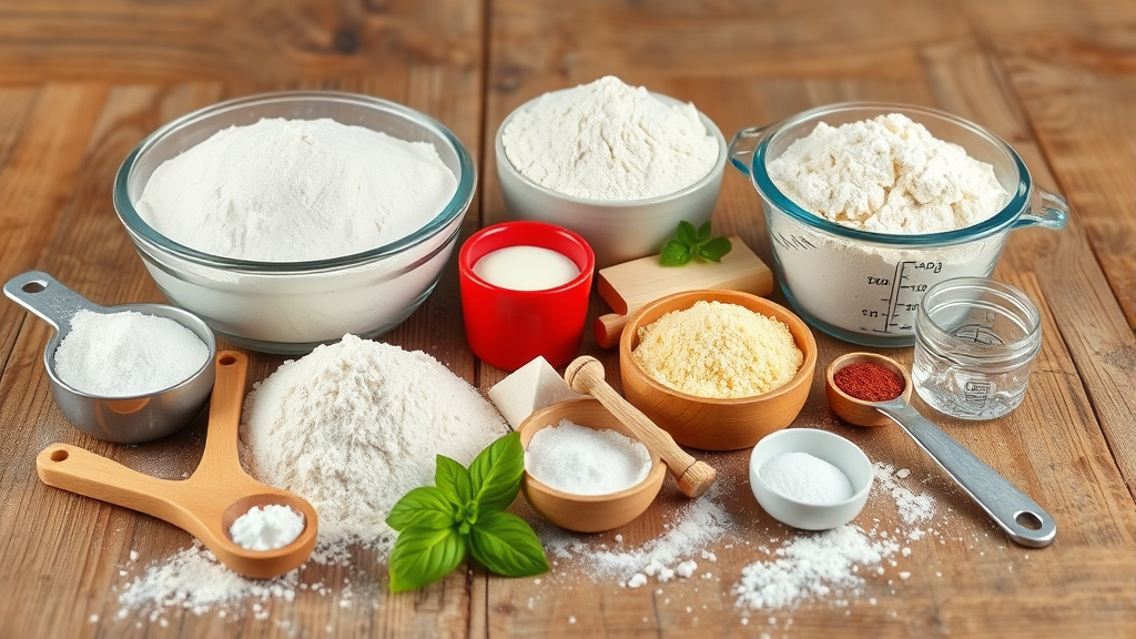 Fresh flour ingredients arranged on rustic wooden kitchen counter with measuring cups and spoons, no text no words no letters