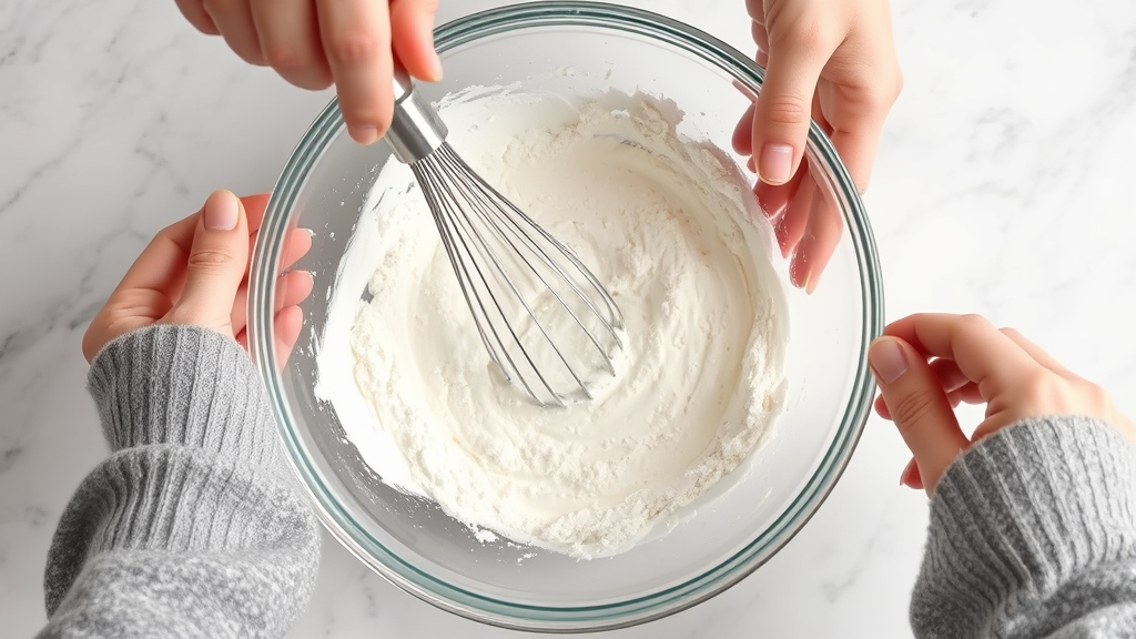 Hands whisking white flour mixture in clear glass bowl with wire whisk on marble surface, no text no words no letters