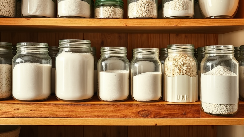 Mason jars filled with white flour on pantry shelves with warm natural lighting, no text no words no letters
