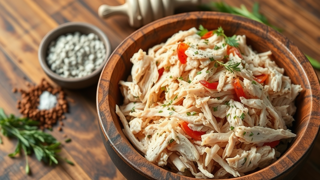 Perfectly shredded chicken in rustic wooden bowl with herbs and seasonings arranged nearby, warm kitchen lighting, no text no words no letters