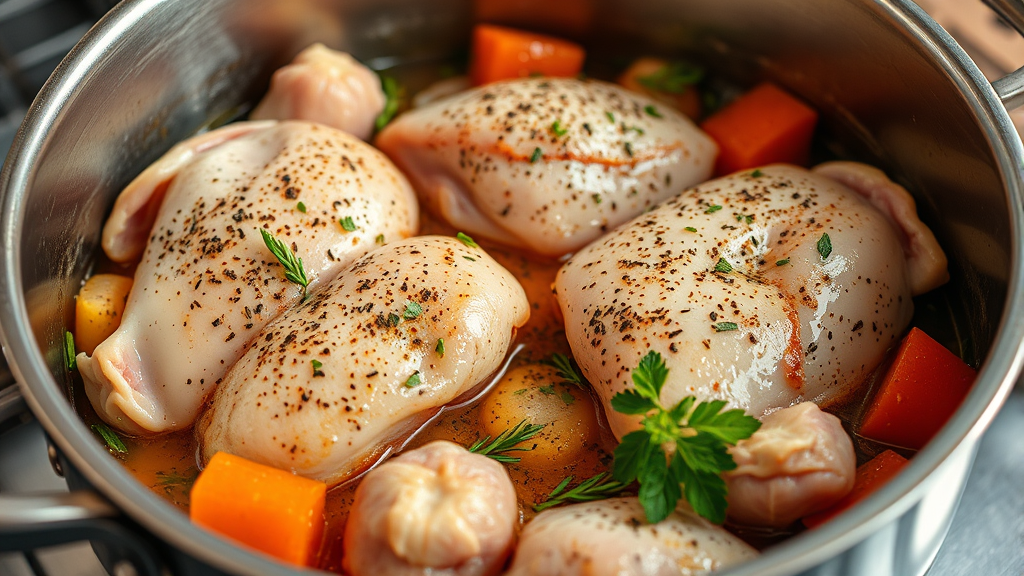 Raw seasoned chicken pieces in cooking pot with aromatic vegetables and herbs, professional kitchen setup, no text no words no letters