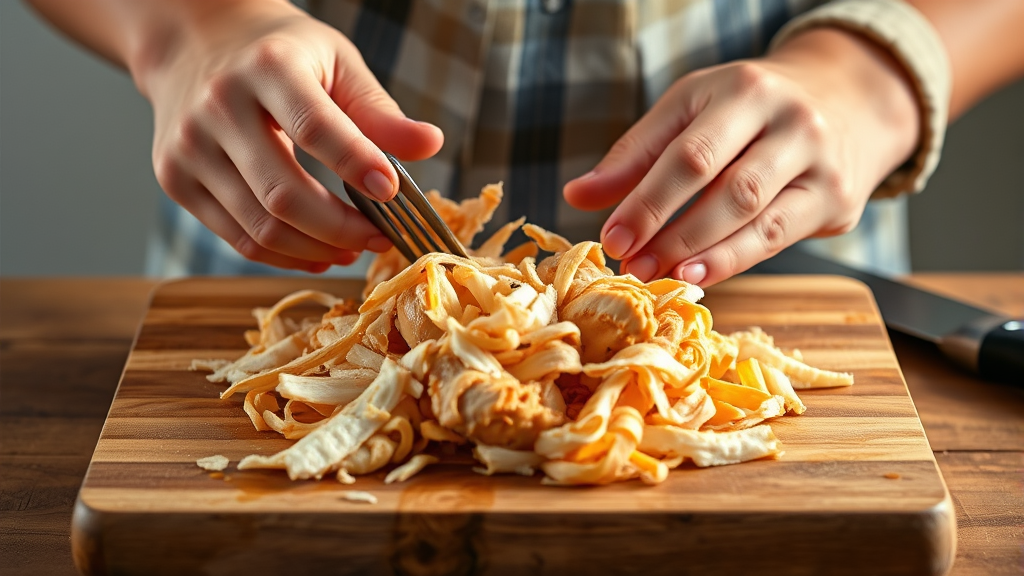 Hands shredding warm cooked chicken with two forks on cutting board, steam rising, natural lighting, no text no words no letters
