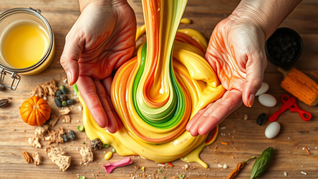 Colorful homemade slime stretching between hands with kitchen ingredients scattered around, no text no words no letters