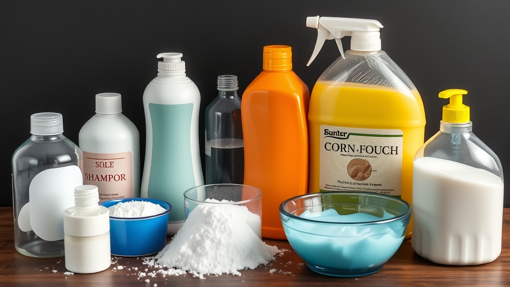 Various household items like shampoo bottles cornstarch and salt arranged for slime making, no text no words no letters