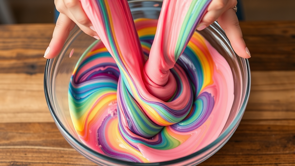 Hands mixing thick stretchy slime in a clear bowl with rainbow colors swirling, no text no words no letters