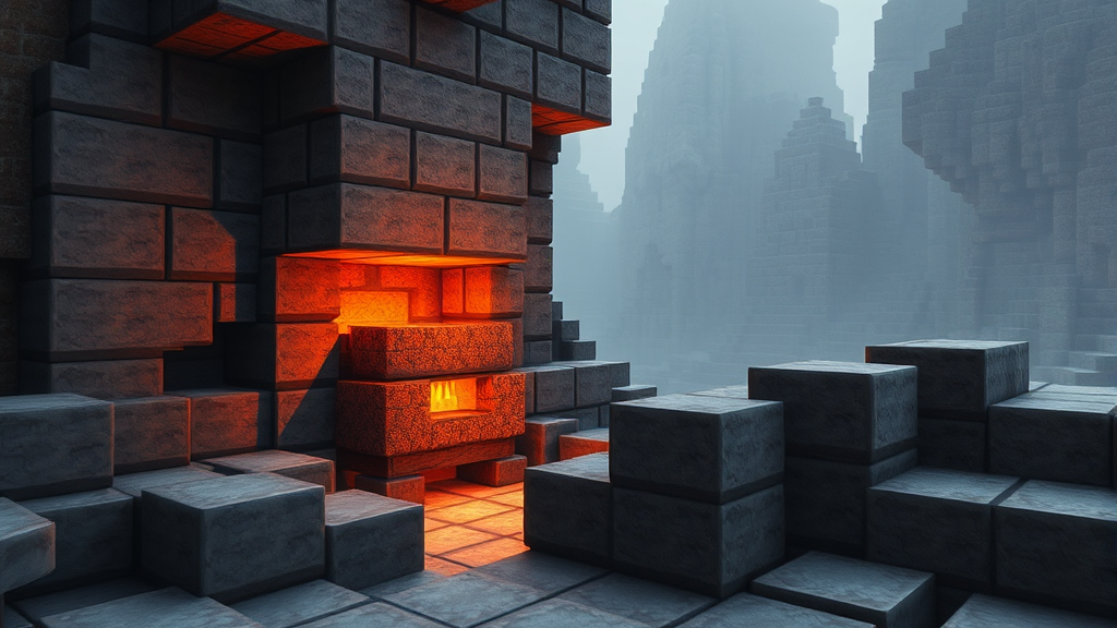 Minecraft furnace smelting cobblestone into smooth stone blocks, detailed crafting interface, medieval fantasy setting, no text no words no letters